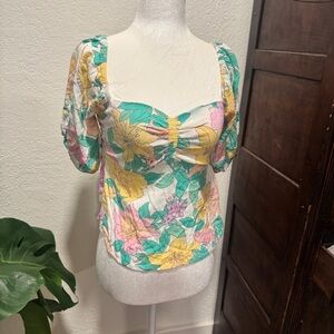 Billabong Floral Ruched Blouse - Yellow, Pink, Green